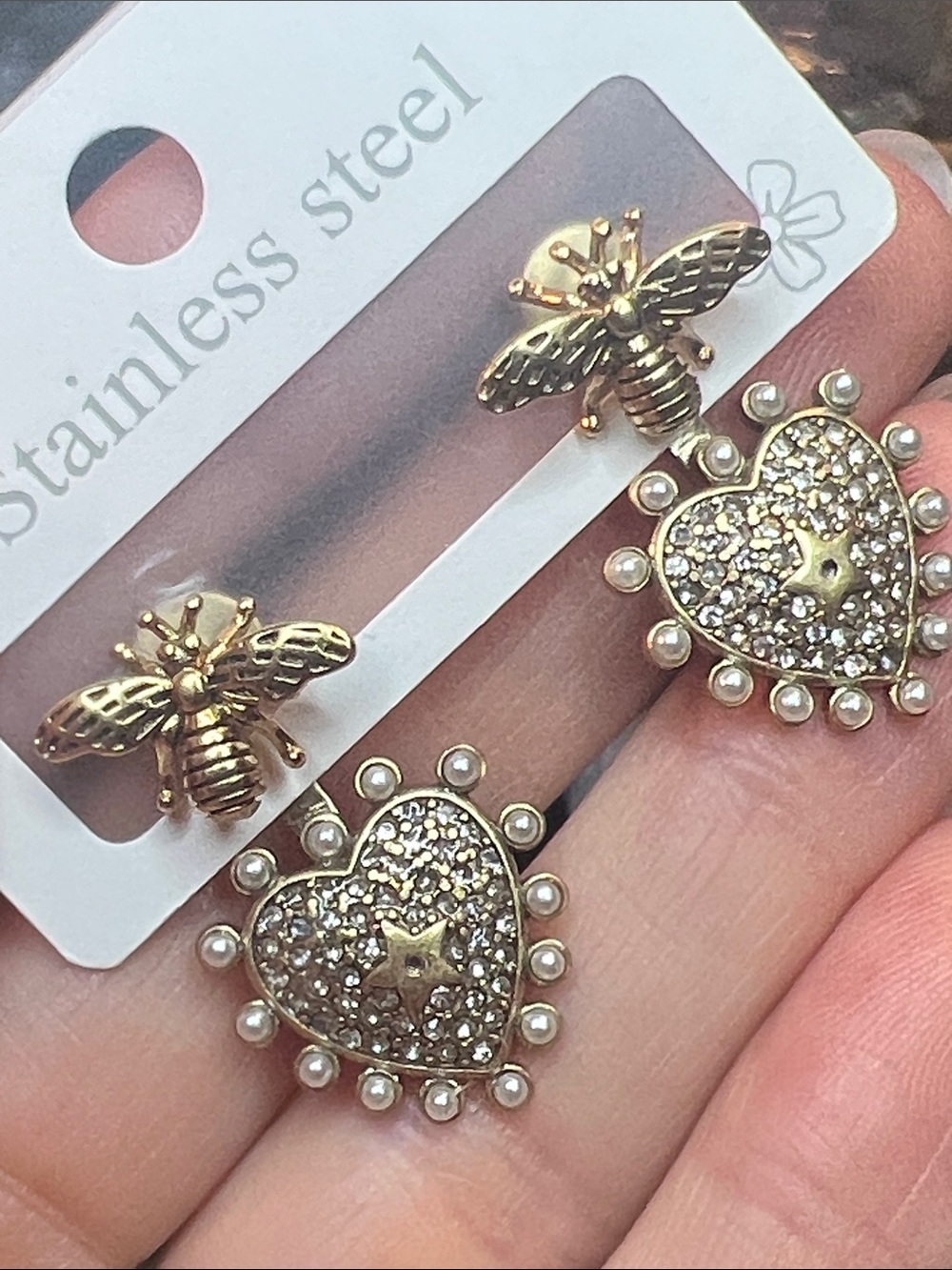 Gold Bee and Heart Drop Earrings with Pearled Edge